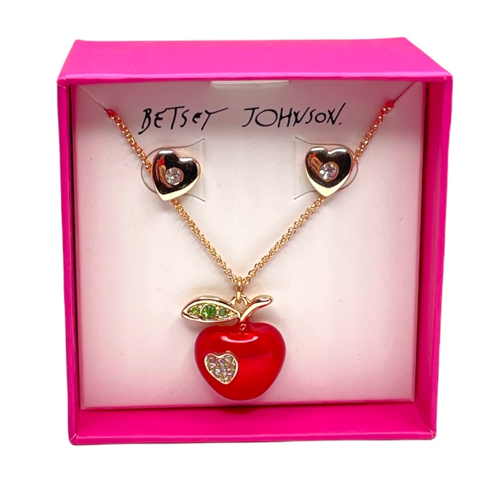 Back To School Apple Necklace and Hearts Earrings Set